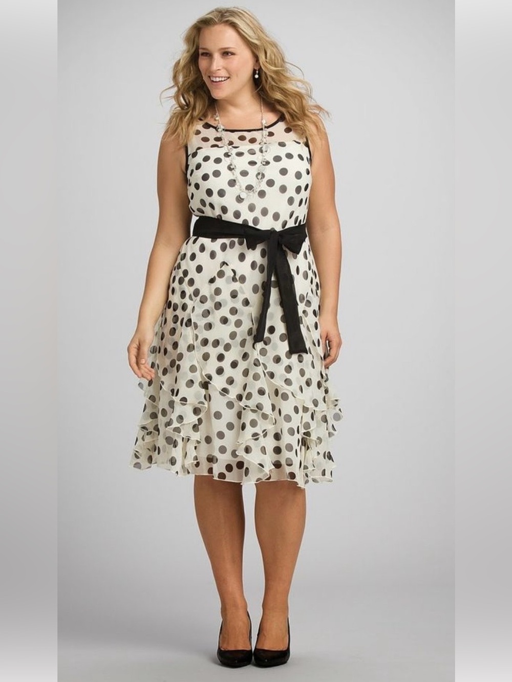 New! Robbie Bee White & Black Polka Dot Midi Dress w/ Black Sash 14